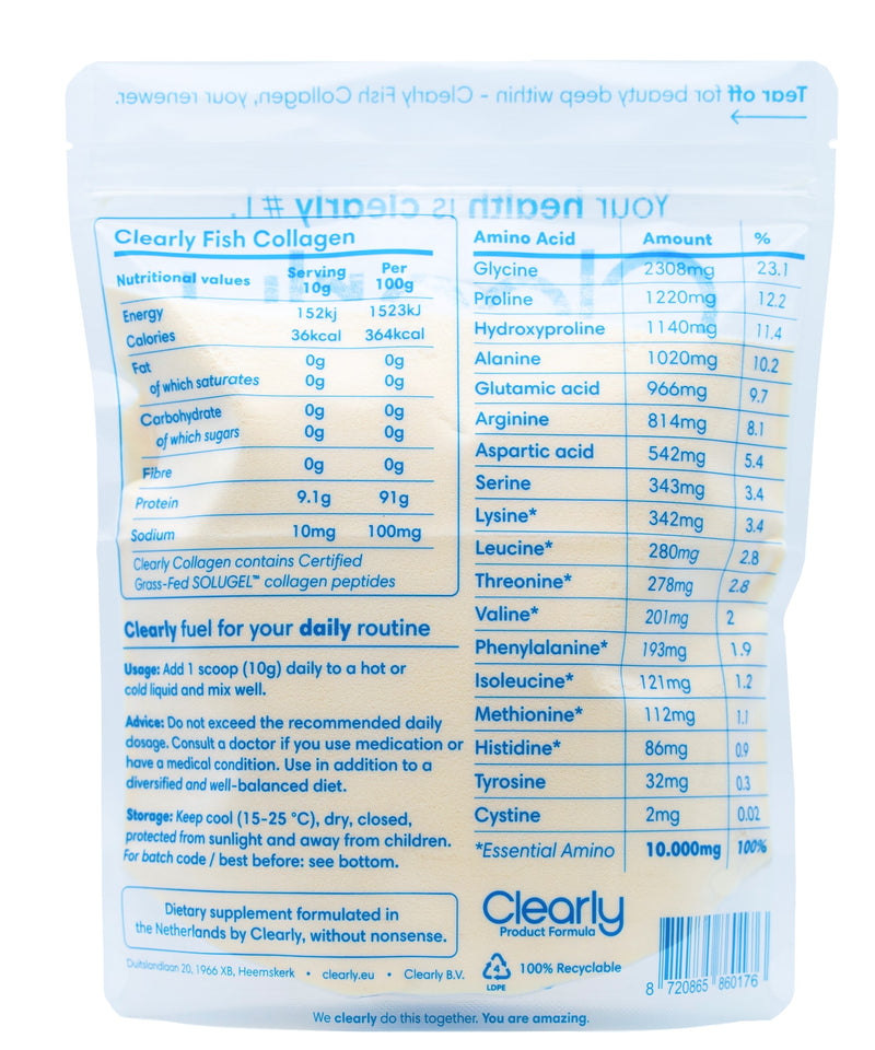 Clearly Fish Collagen supplement bottle with label visible, showcasing the Naturally sourced fish collagen product for skin and joint health.