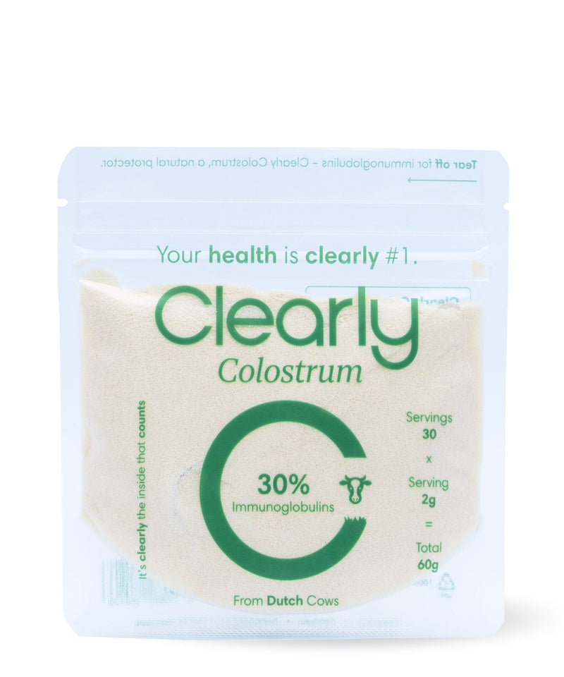 Clearly Colostrum supplement bottle showing the front label with product name and branding, placed on a white background.
