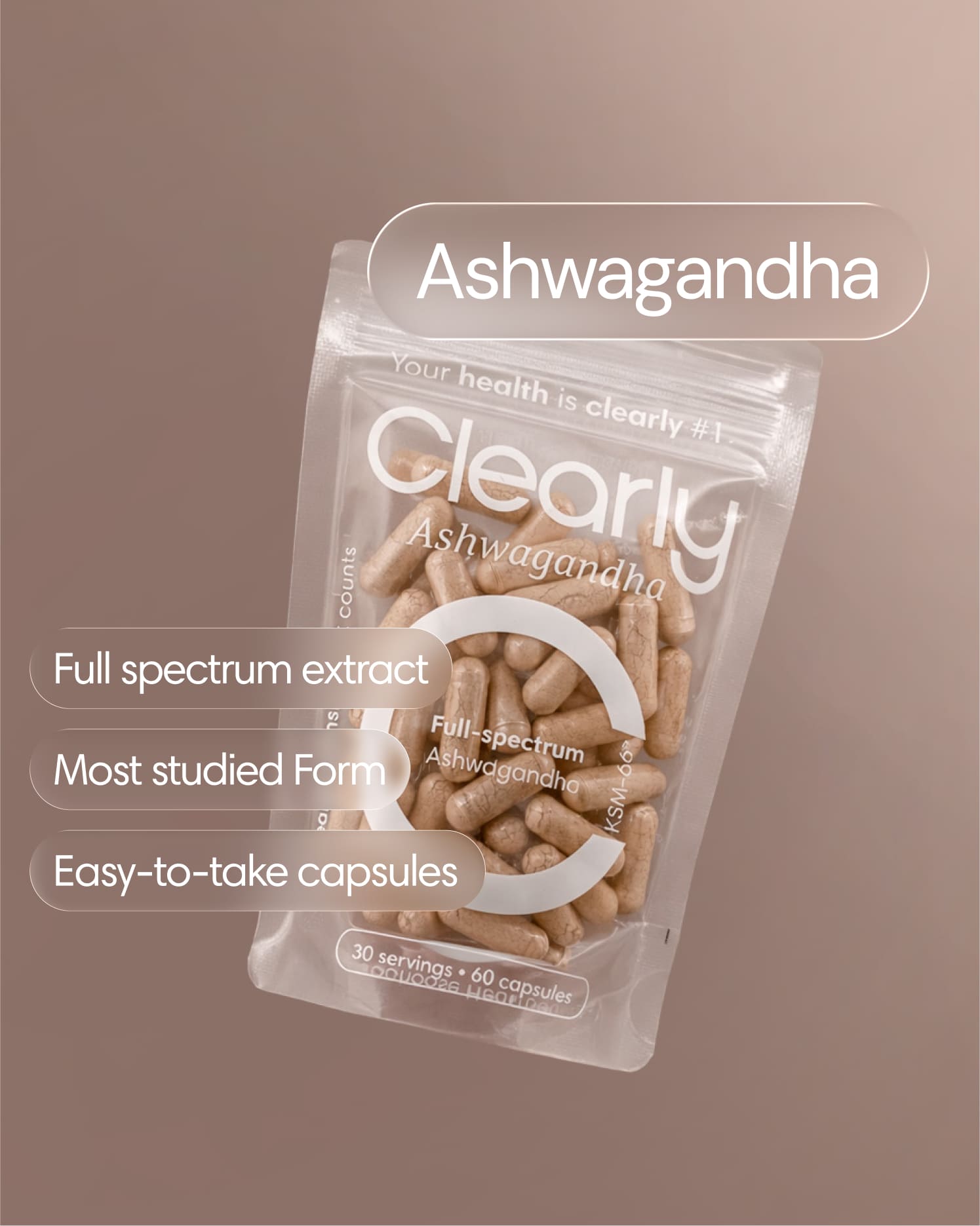 Close-up of Clearly Ashwagandha capsules in a clear container, showing small, brown herbal supplement capsules on a white background.