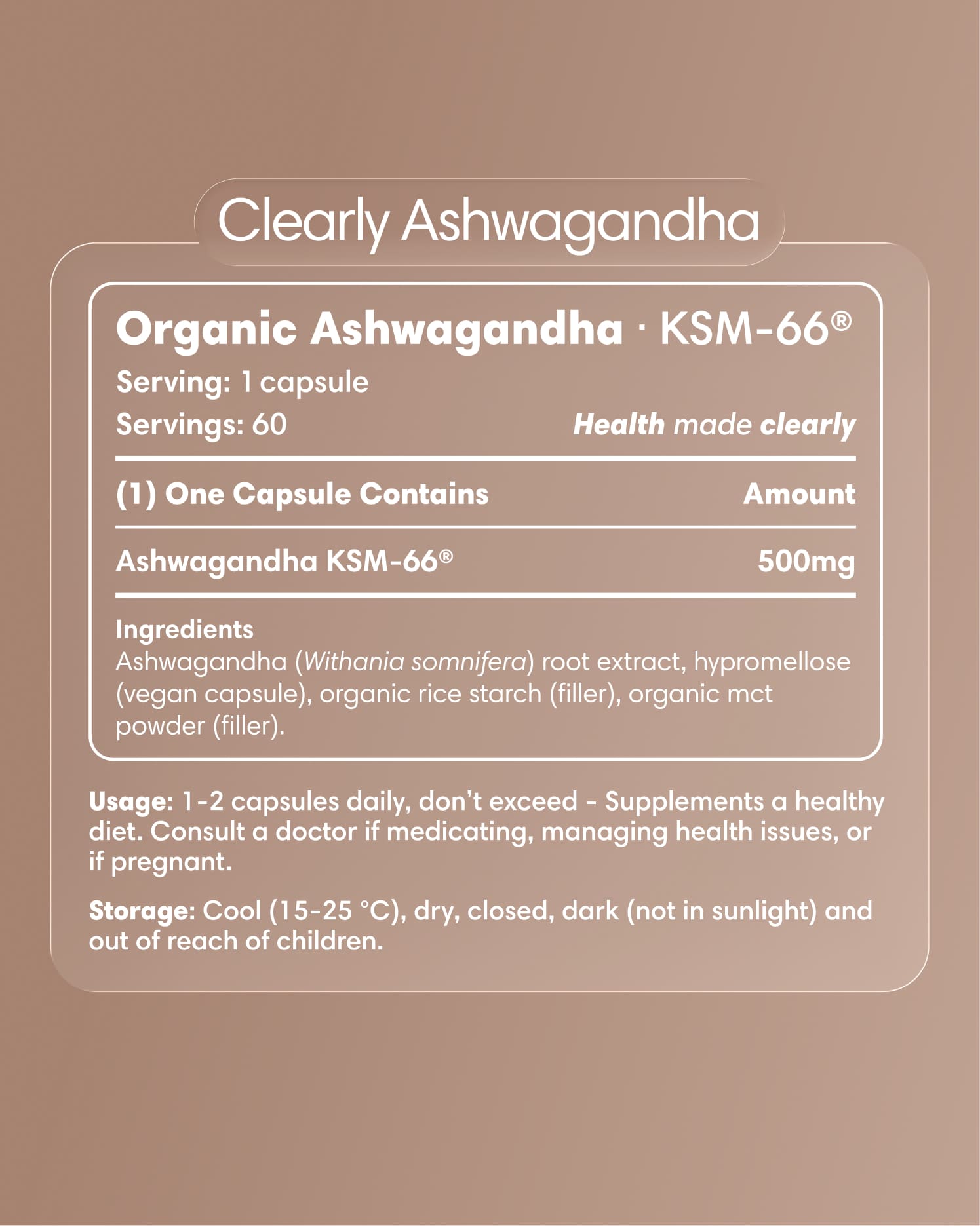Clearly Ashwagandha capsules bottle with label showing product name and supplement details, natural herbal wellness supplement.