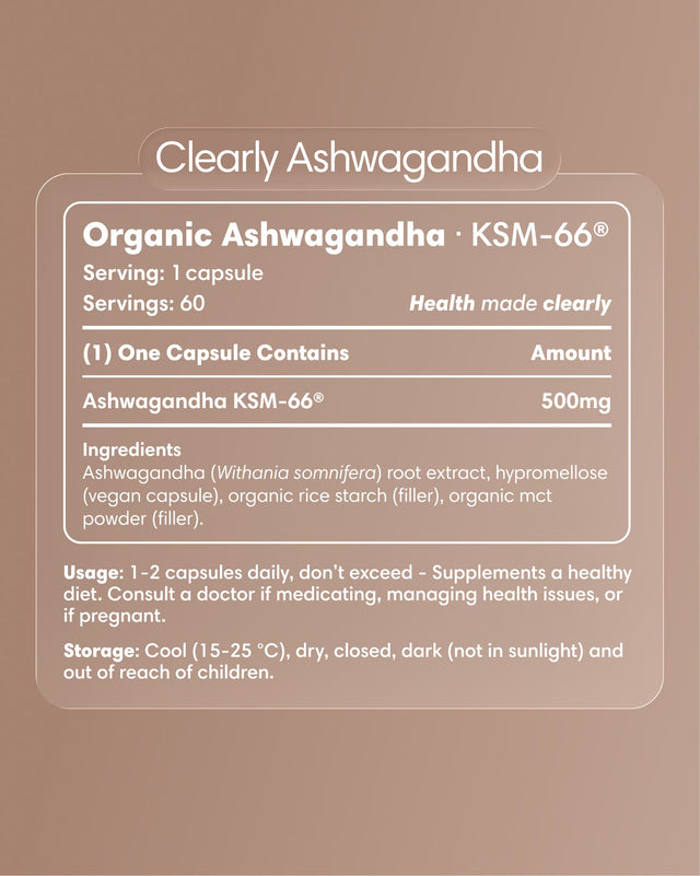 Clearly Ashwagandha capsules bottle with label showing product name and supplement details, natural herbal wellness supplement.