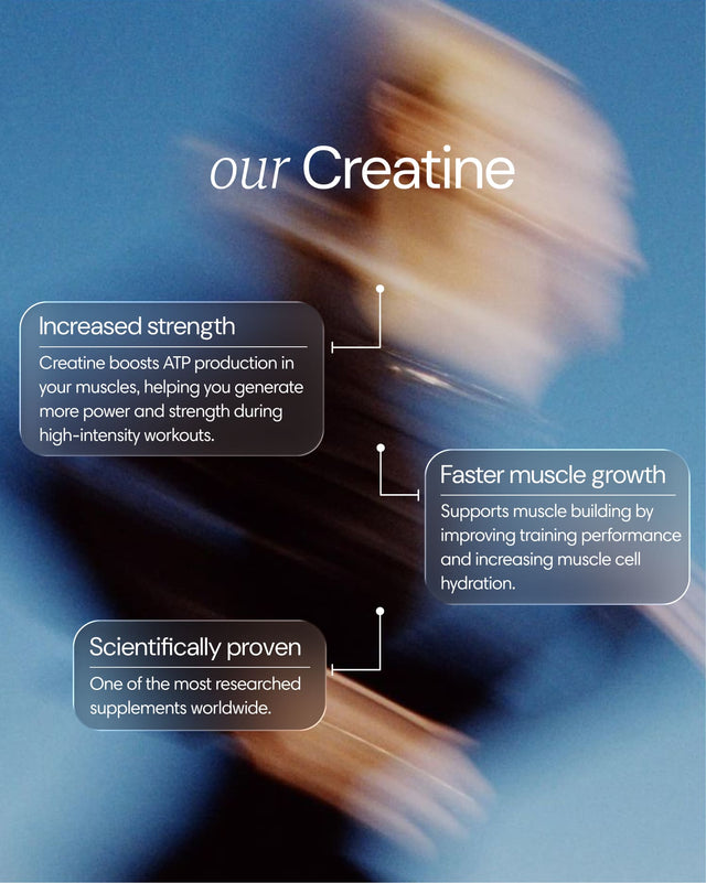 Clearly Creatine supplement container with label, showing the product's benefits and ingredients for muscle support and energy.