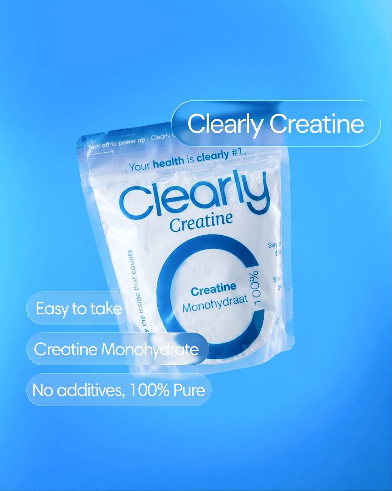 Clearly Creatine powder container with label, showing the front view of the supplement for muscle performance and energy.