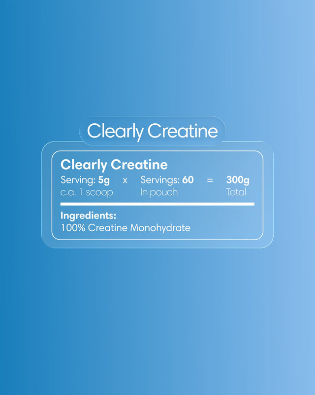 Clearly Creatine supplement label showing blue and white packaging with product name and supplement details.