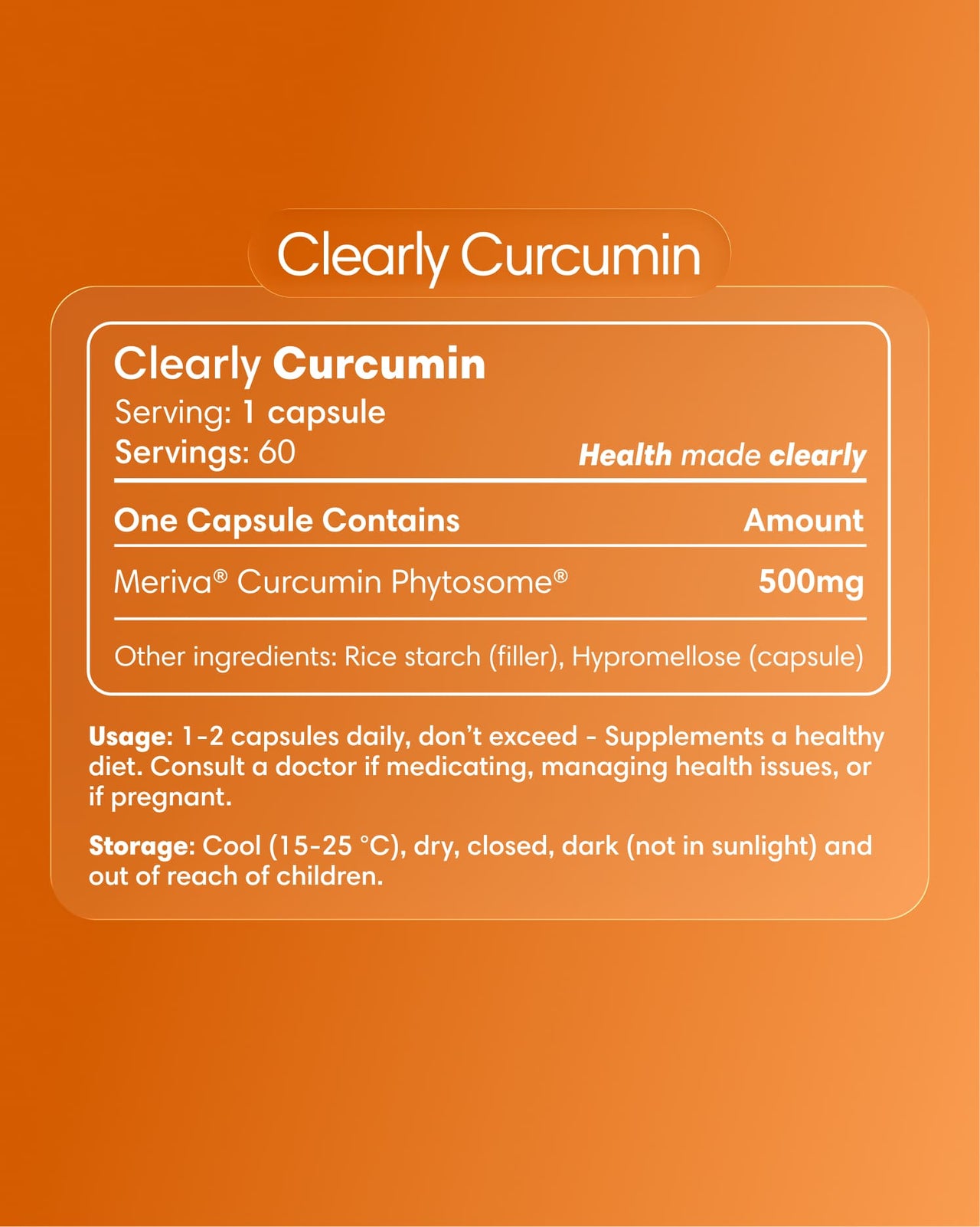 Clearly brand curcumin capsules label showing supplement details and branding on the bottle.