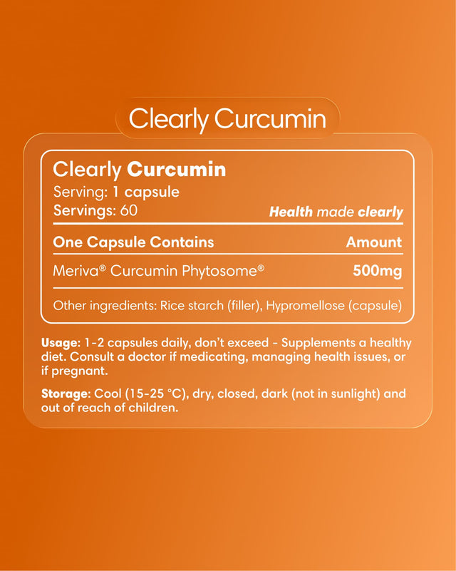Clearly brand curcumin capsules label showing supplement details and branding on the bottle.