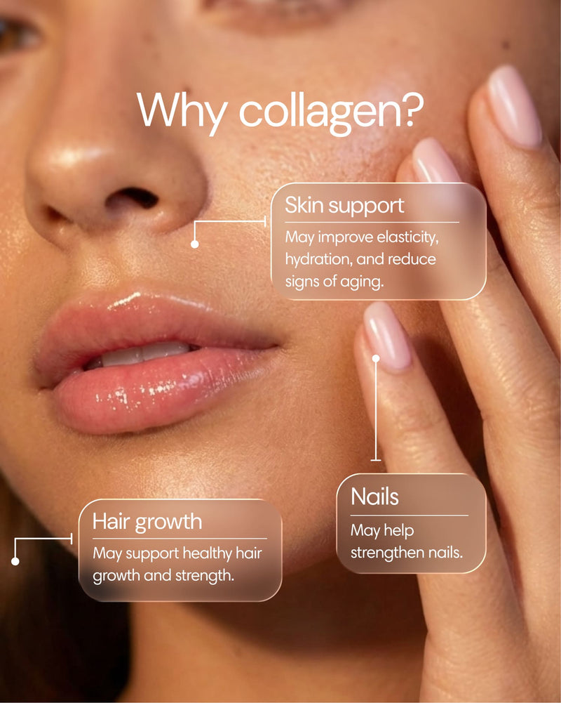 Clearly Fish Collagen supplement bottle with a focus on the label, highlighting benefits of collagen from fish sources.