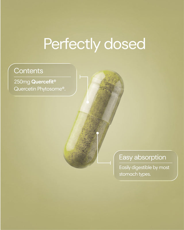 Clearly Quercetine capsules in a white bottle, showing the dietary supplement capsules designed for immune support and antioxidant benefits.
