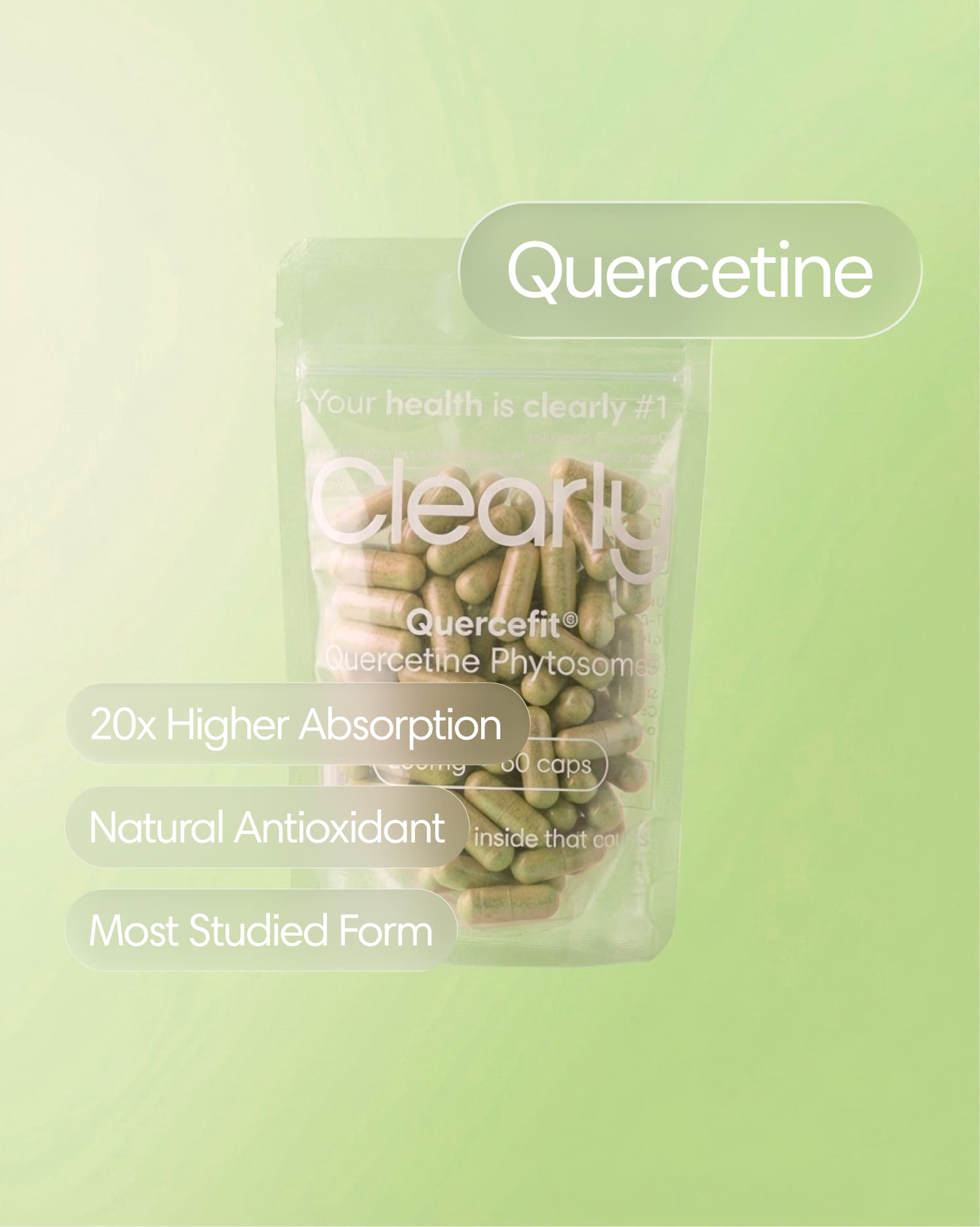 Clearly Quercetine capsules in a bottle, showing the front label and capsules inside, designed for immune support.