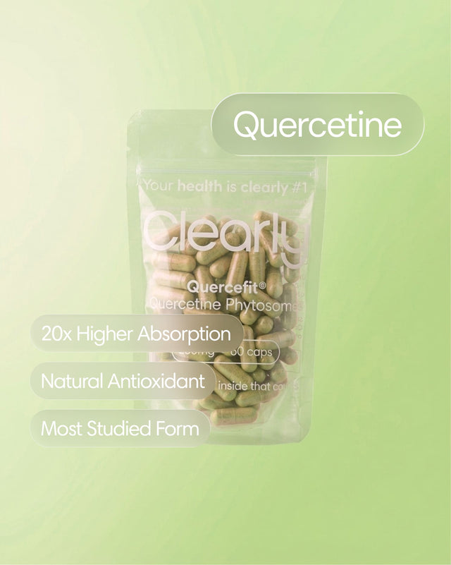 Clearly Quercetine capsules in a bottle, showing the front label and capsules inside, designed for immune support.