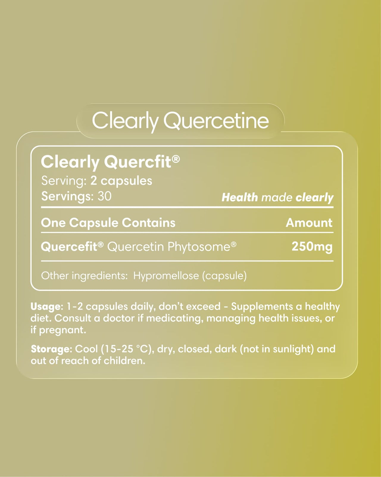 Clearly Quercetine capsules bottle with label displaying product name and supplement details on a white background.