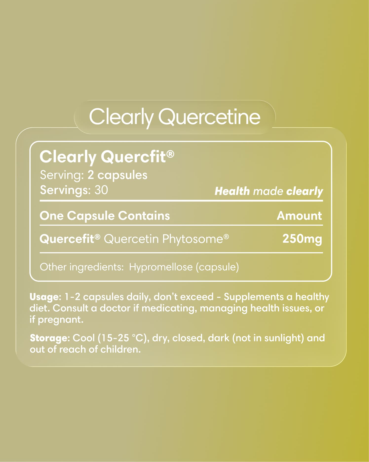 Clearly Quercetine capsules bottle with label displaying product name and supplement details on a white background.