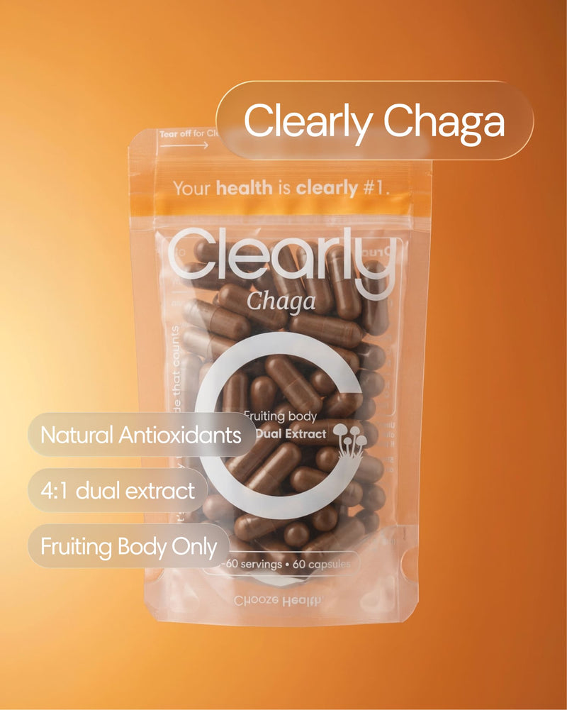 Clearly Chaga capsules shown in a bottle, highlighting natural mushroom supplement for immune support and wellness.