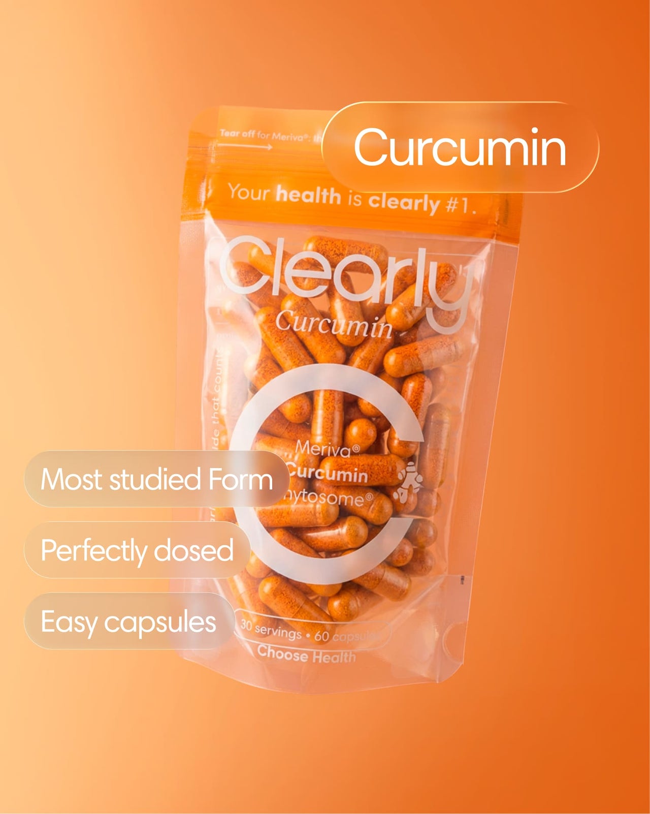Clearly Curcumin capsules in a bottle, showing the front label with yellow and orange design elements.
