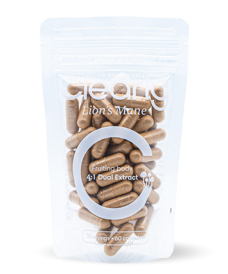 Clearly Lion's Mane capsules bottle with front label, showcasing supplement capsules and product branding.