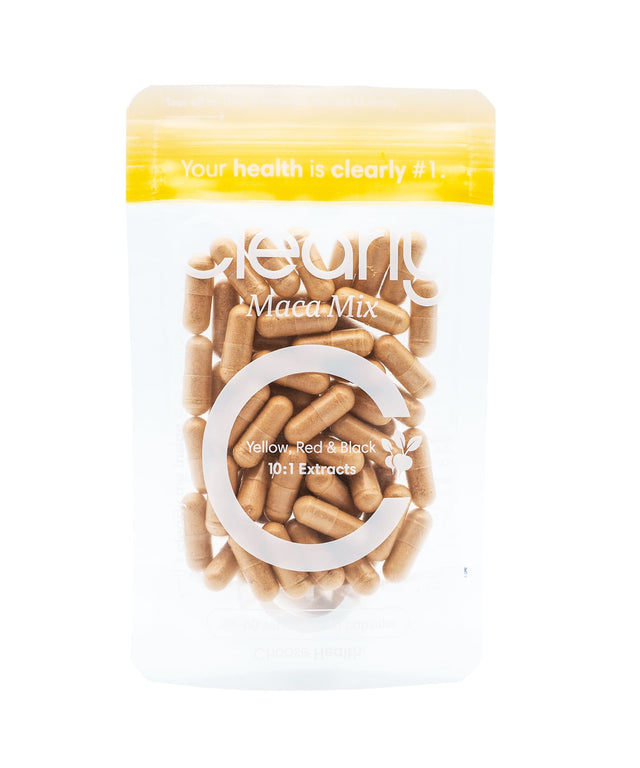 Clearly Maca Mix capsules in a bottle, showing the front label and capsules inside, dietary supplement for energy and vitality.