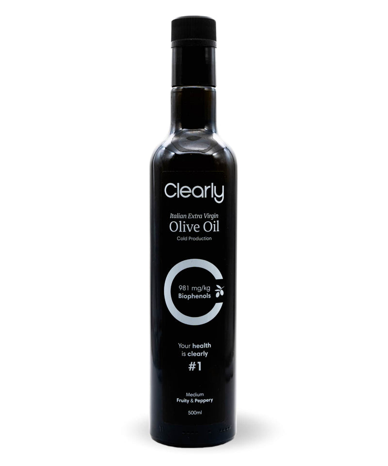 Clearly Extra Virgin Olive Oil bottle with a label, displayed front view, highlighting premium quality and authentic olive oil.