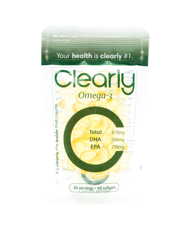 Clearly Omega-3 supplement bottle featuring softgel capsules, designed for heart and brain health support.