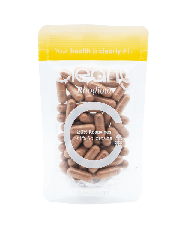 Clearly Rhodiola capsules in a bottle, showcasing the front label design and product details.