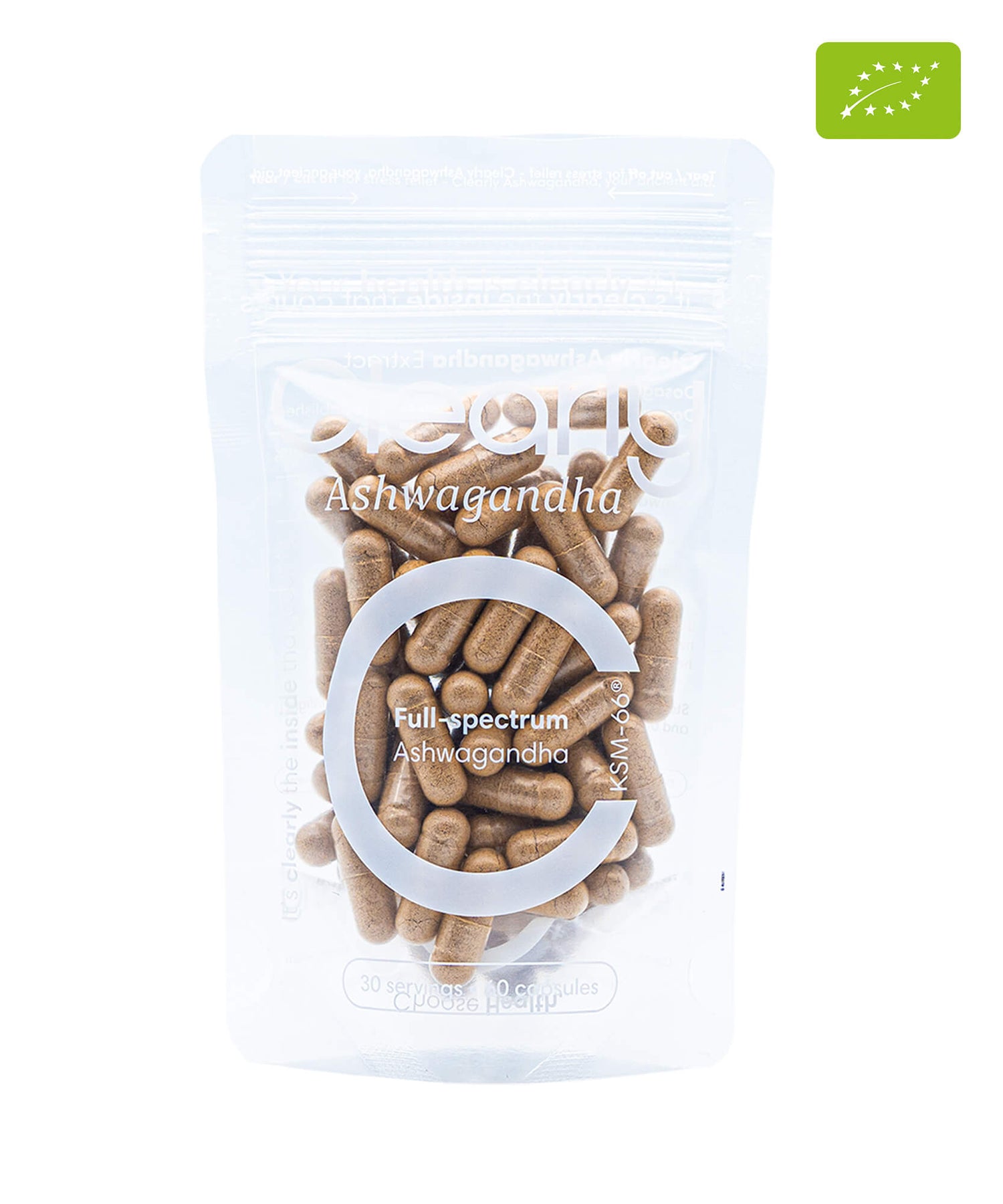 Clearly Ashwagandha capsules in a bottle, showcasing natural herbal supplement for stress relief and overall wellness.